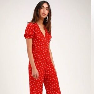 Women L Faithfull The Brand Mallory Red Floral Printed Short Sleeved Jumpsuit